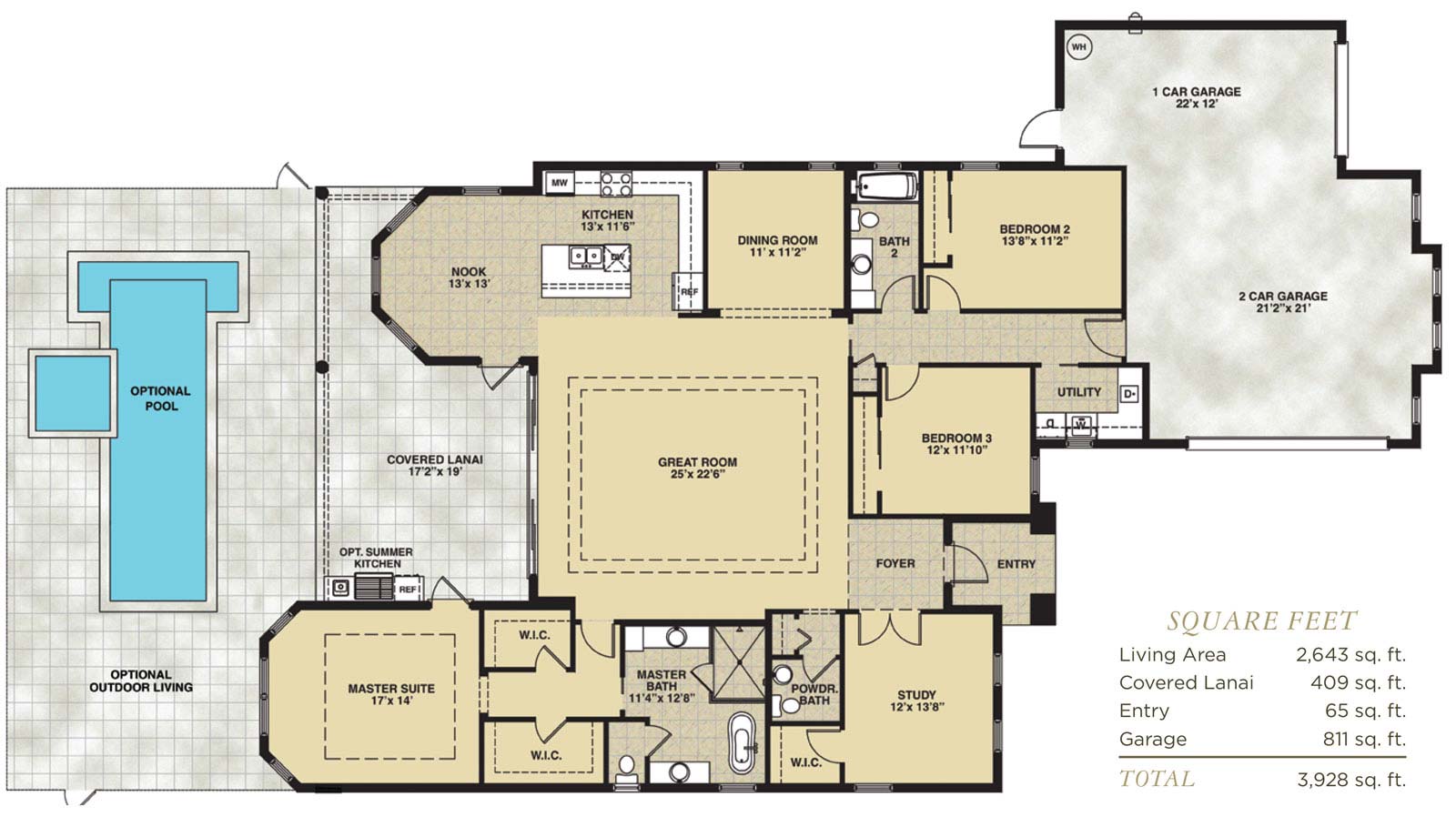 Venice Floor Plan in Hidden Harbor Estates, Fort Myers, Stock Construction, Three Bedroom, Two and One Half Bath, Great Room, Dining Room, Study, Covered Lanai, 2-Car Garage and 1-Car GarageThree Bedroom, Two and One Half Bath, Great Room, Dining Roo